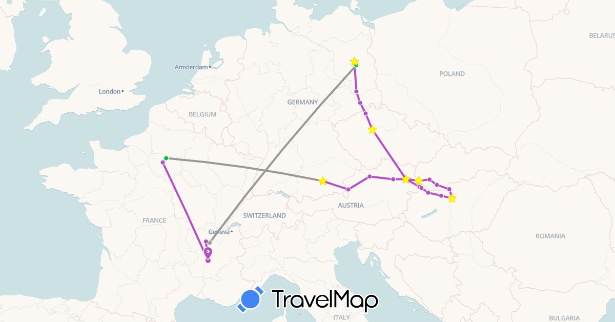 TravelMap itinerary: driving, bus, plane, train in Austria, Czech Republic, Germany, France, Hungary, Slovakia (Europe)