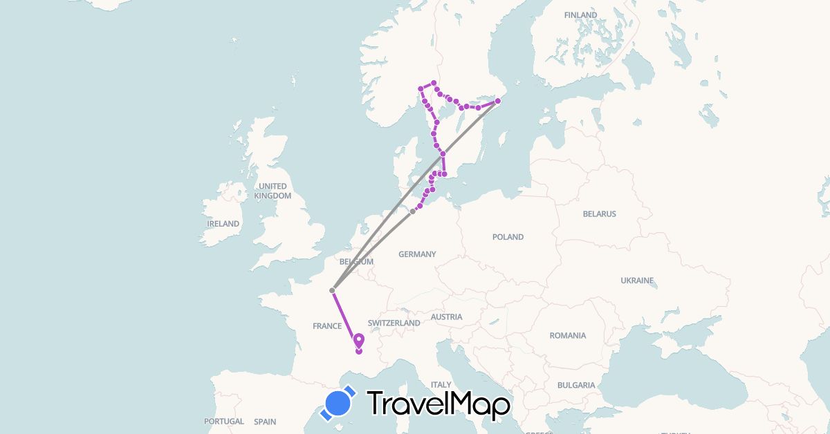 TravelMap itinerary: driving, plane, train in Germany, Denmark, France, Norway, Sweden (Europe)