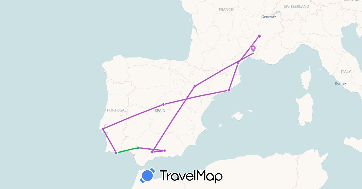 TravelMap itinerary: driving, bus, train in Spain, France, Portugal (Europe)